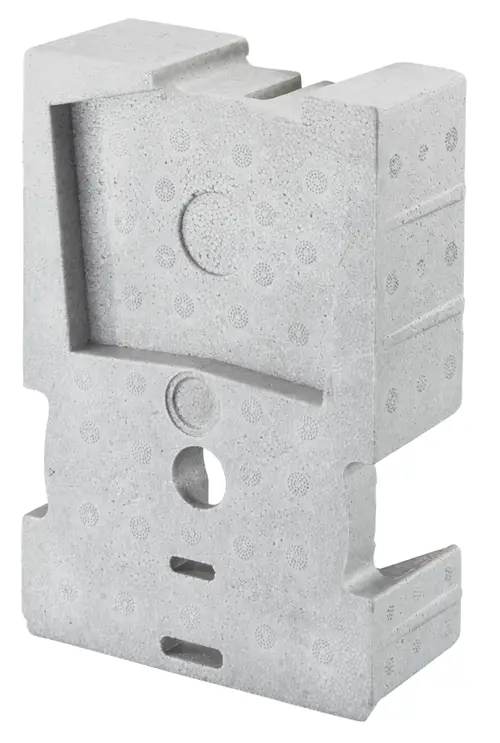 OVENTROP Ventilisolierung für Uniboxen, graues, würfelförmiges Isolierelement mit Aussparungen und runden Vertiefungen.